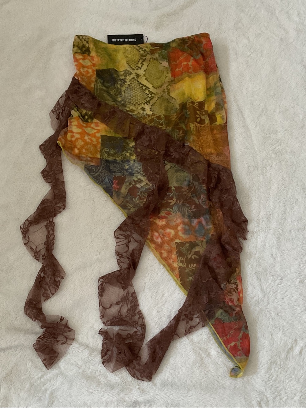 PrettyLittleThing Multicolor Patchwork Scarf with Brown Lace Trim